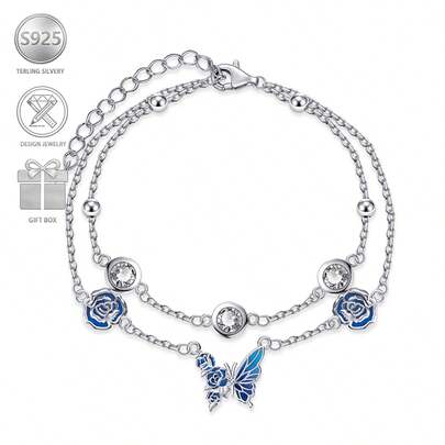 1pc Luxury 925 Silver Butterfly & Rose Pendant Bracelet With Synthetic Zirconia, Suitable For Daily Casual Wear, Gift For Family And Friends On Holidays And Birthdays