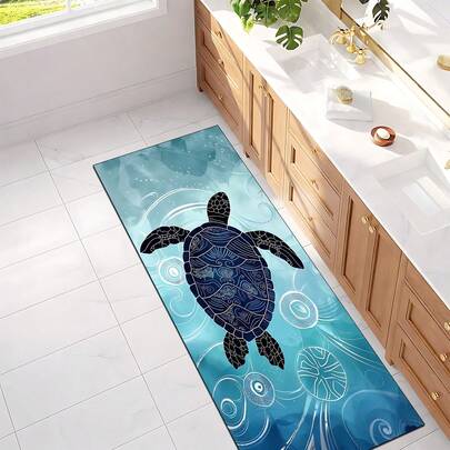 1pc Sea Turtle Pattern Printed Silica Gel Mat, Kitchen Carpet, Washable Rectangular Rug, Suitable For Living Room, Bedroom, Hallway, Bathroom, Laundry Room - Polyester Carpet, Indoor And Outdoor Home Decor