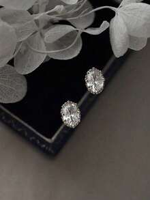 1 paire de boucles d'oreilles à tige en argent sterling S925 vintage avec zircone ovale. Bijou polyvalent pour un usage quotidien, cadeau pour les femmes, les amis, les couples. Nouvelle arrivée. - Elliptique Rouge-1 - Voir 4