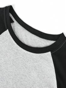 Y2K Cute & Star & Music Note Print Color Block Raglan T-Shirt, Women White Casual Top Summer - Dark Gray - View 5