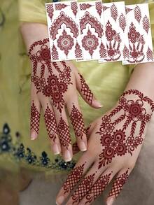 4张海娜花卉临时纹身贴纸，红棕色海娜曼陀罗花蕾丝图案性感防水人体彩绘纹身，适用于手部、手臂、背部、节日、派对、日常佩戴 - 棕色 - 查看 8