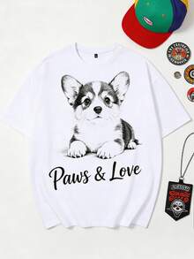 1pc Men's Fashionable Versatile Letter & Dog Print T-Shirt, Jacquard Weave Technique, Short Sleeve, Summer - White - View 2