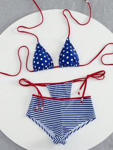 3pcs Women's Bikini Swimwear, Vintage Brown Polka Dot Print Striped Beach Shorts Swimwear / Vacation Outfit / The 4th Of July / Back To School Summer - Blue - View 8