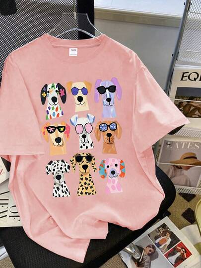 卡通狗狗印花短袖T恤，适合青少年女孩，夏季舒适圆领上衣