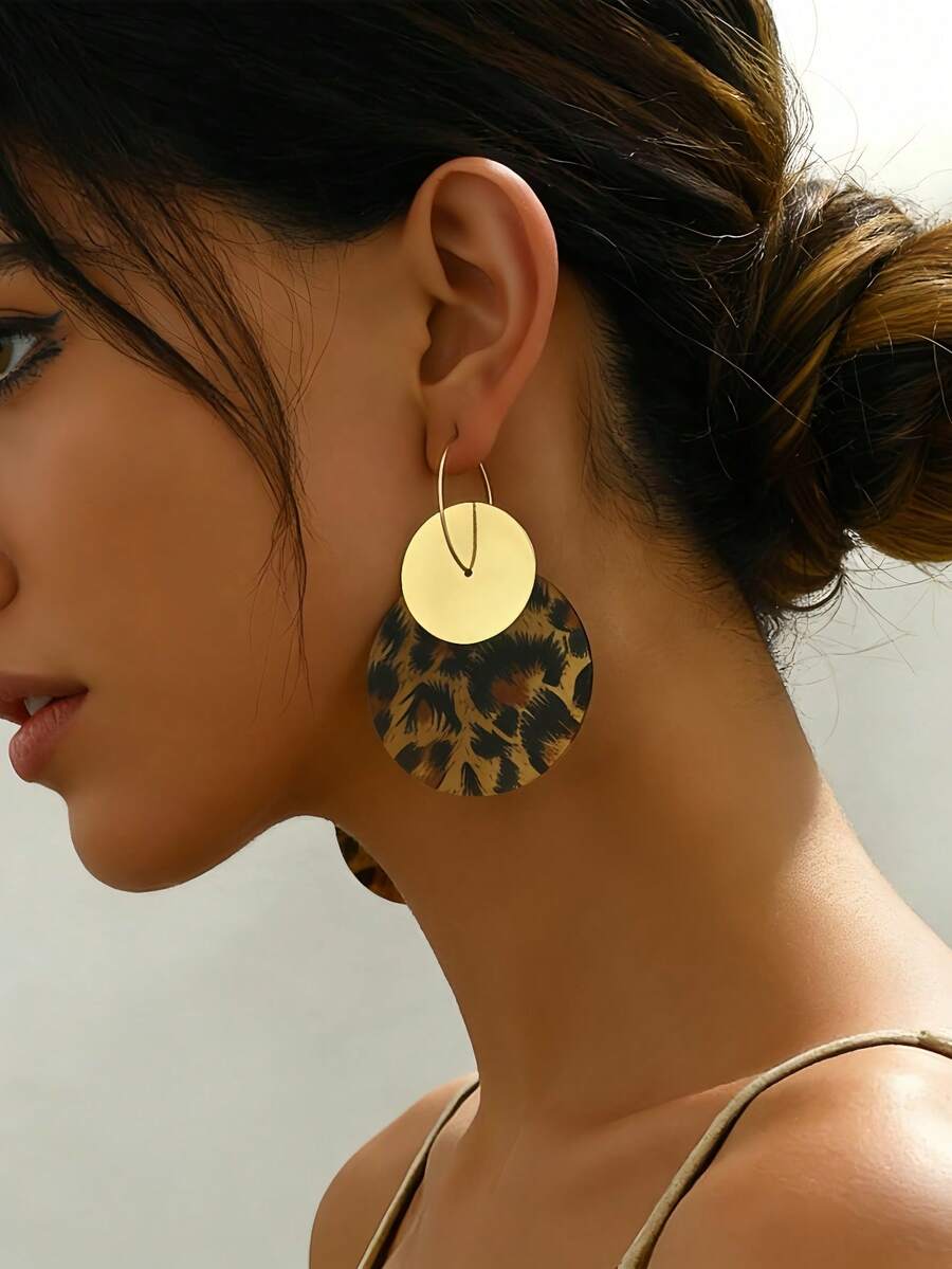 1 Pair Leopard Print Double-Layer Round Dangle Earrings, Suitable For Women's Party And Streetwear - Golden Yellow + Multi-color - View 1