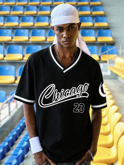 EVRINFINITE 男士宽松文字设计休闲短袖T恤，男朋友礼物，适合外出，黑色和银色球衣，男士棒球服，时尚棒球服，男士棒球衫，芝加哥球衣