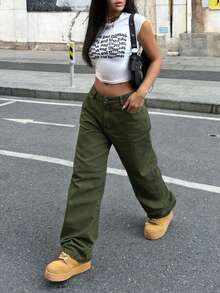Women's Casual Light Wash Straight Leg Jeans - Army Green - View 7