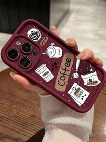 1pc Wine Red Coffee Pattern Full Coverage TPU Shockproof Phone Case Compatible With Apple 16, 15, 14, 13, 12, 11 Pro Max - Multicolor - View 4