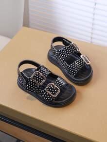 2025 Summer New Girls' Rhinestone Double Buckle Sandals, Soft Sole Anti-Slip Breathable Beach Shoes, Casual Sandals For Toddlers & Little Kids - Black - View 4