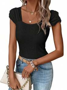 Womens Square Neck Tank Top Eyelet Cap Sleeve Slim Fit Backless Tee Going Out Summer Tops - 黑-1 - 查看 5