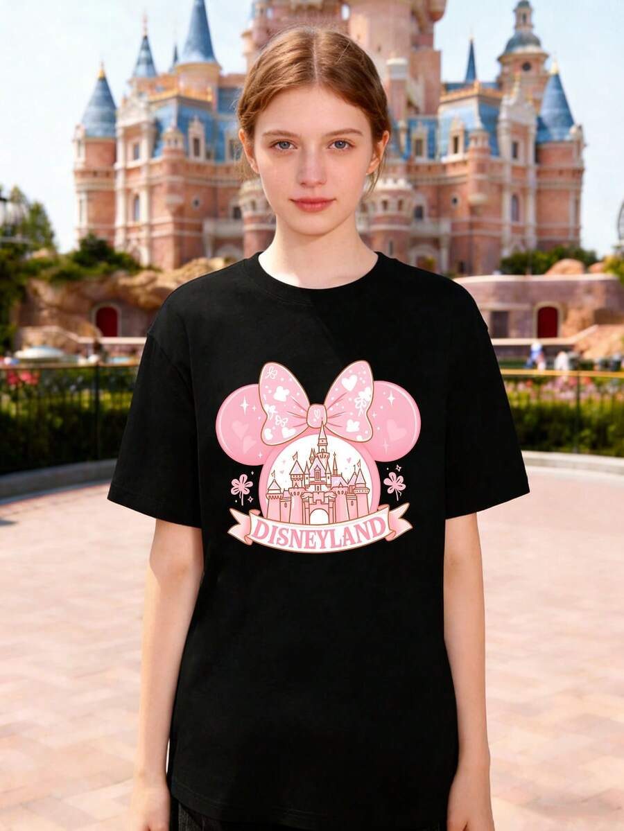 Disney Minnie Mouse Bow And Castle Pattern Women's T-Shirt, All-Season Round Neck Short-Sleeved Top, Comfortable And Soft Pure Cotton T-Shirt, Family-Themed Park Vacation Shirt, Suitable For Everyday Wear, Outings, School, Parties. - Black - View 1