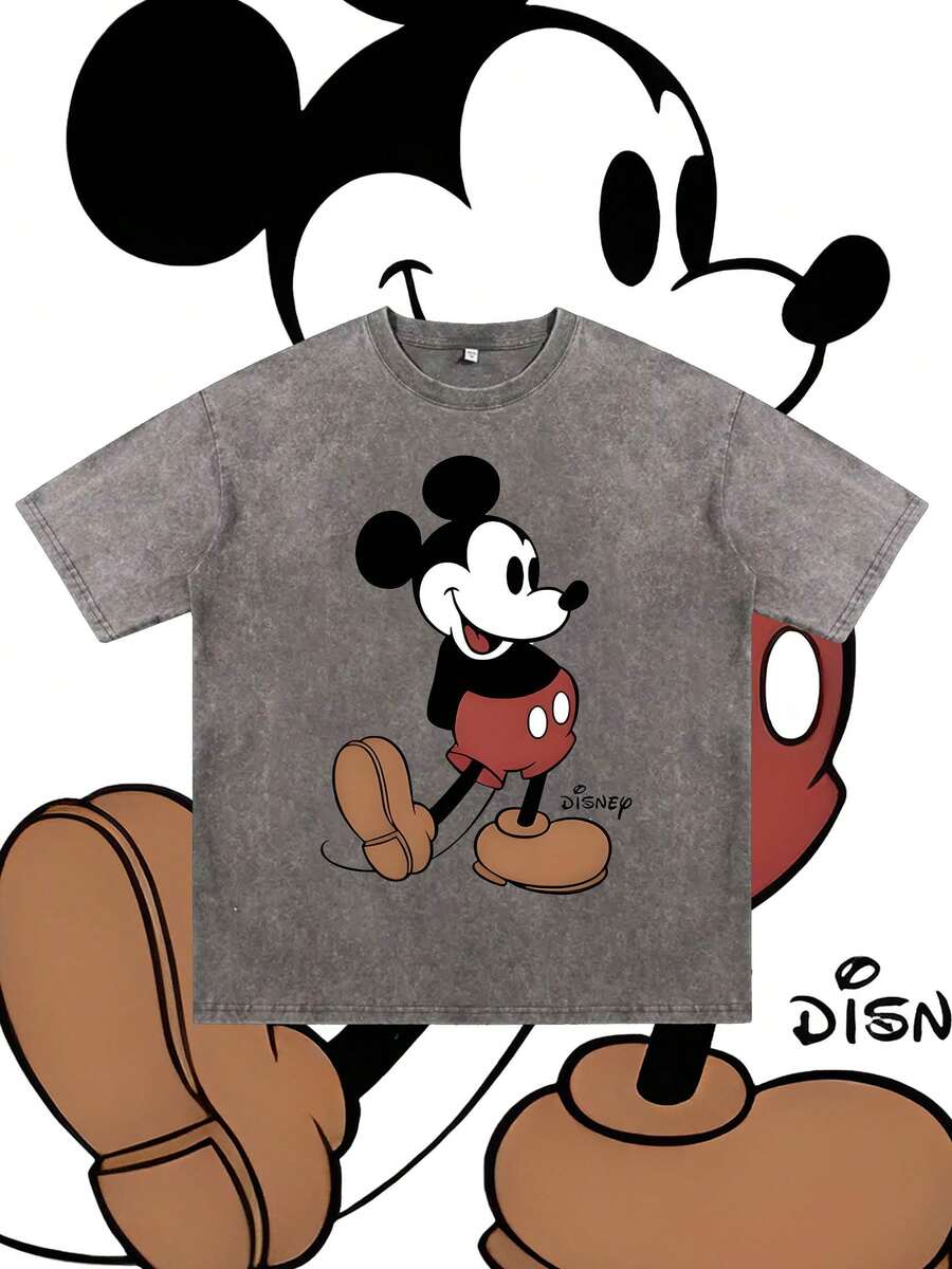 Disney, Disney Mickey Mouse ; T-shirt d'été à manches courtes pour homme, effet vieilli, coupe unique, pur coton, confortable et respirant, style streetwear décontracté, col rond ; une marque de mode de haute qualité, un cadeau surprise idéal pour la famille et les amis. - Gris - Voir 1