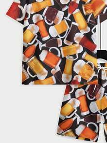 Two-Piece, Fun And Eye-Catching, Knitted Fabric, Vivid Pattern, Men's Casual Strolling, Summer Road Trips, Black Background With Beer Mug All-Over Print, Men's Short-Sleeve Beach Pants Set - 彩色 - 查看 6