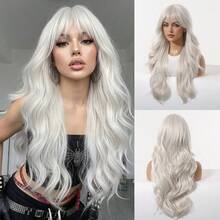 26" Silver White Wavy Wig With Fringe, Heat Resistant Synthetic Hair With Elastic Net Cap For Cosplay & Festival Outfits - White - View 12