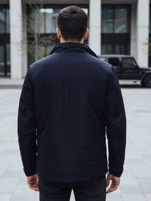 Men's Transitional Season Jacket, Hoodless, Zip-Up Design, Simple Style, Hip-Length, Lightweight Padding, 100% Polyester, Side Pockets, Casual Fit, High Stand Collar, Classic Men's Jacket. - Navy Blue - View 4