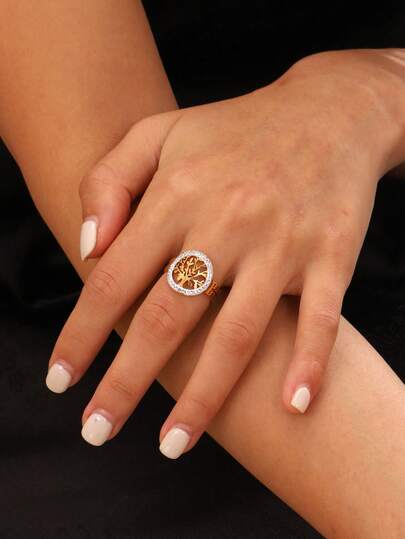 Cring Coco 1pc Women's Stainless Steel Open Hollow Tree Of Life Ring, Fashionable Suitable For Daily Wear, Parties, Festivals, Valentine's Day, Mother's Day, Birthday Jewelry Accessory Gift