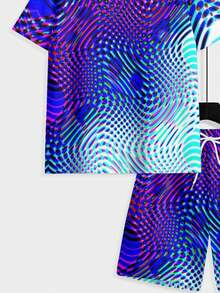 Two-Piece, Dynamic And Attractive, Knitted Fabric, Rich Vision, Men's Casual Gathering, Summer Casual Gathering, Blue And Purple Colorful Ripple, Men's Short-Sleeve Beach Pants Set - 彩色 - 查看 6