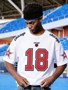 EVRINFINITE 男士宽松数字字母印花短袖平纹 T 恤、街头服饰、男友礼物 - 白色 - 查看 1