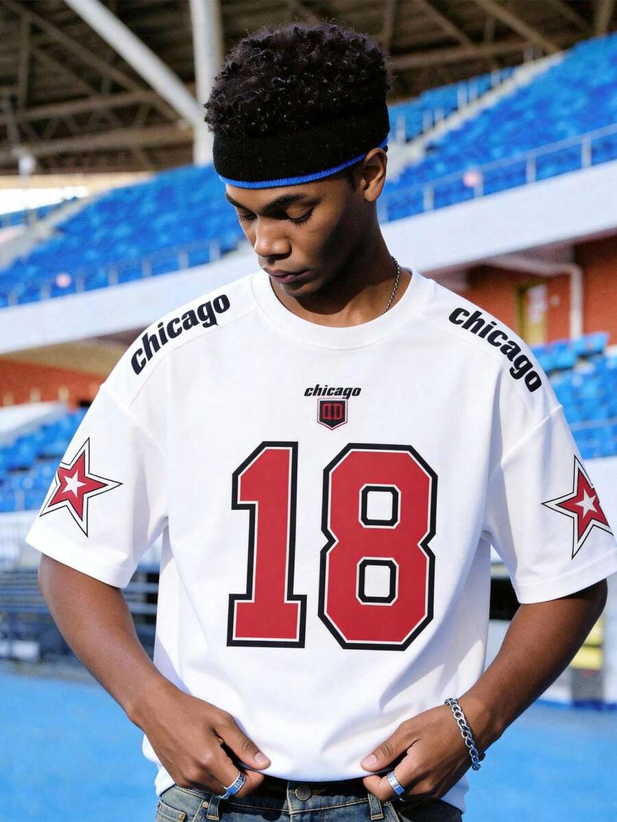 EVRINFINITE 男士宽松数字字母印花短袖平纹 T 恤、街头服饰、男友礼物 - 白色 - 查看 1