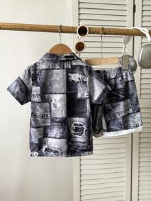 Young Boys' Two Pieces Set, Casual Outfit For Boys, Color-Blocked Denim Effect Short-Sleeve Shirt And Shorts, Comfortable Leisurewear, Suitable For Daily And Outdoor Wear, Perfect For Outdoor Activities. - Navy Blue - View 7