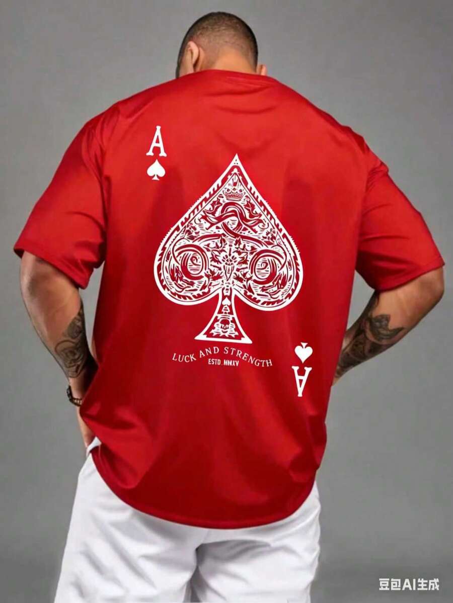 Men's Aces Of Spades Poker Pattern Casual T-Shirt - Soft Polyester Blend, Crew Neck, Short Sleeve, Machine Washable New Casual T-Shirts For Men And Women - 紅色 - 查看 1