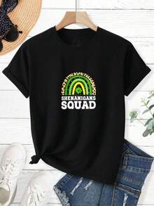 Men's T-Shirt, Women's T-Shirt,  St Patrick's Day Themed Designs Featuring,  Rainbow Pattern With Leopard Print And Green Shamrock Centered Above Text Shenanigans Squad In Bold White Letters On Black T Shirt Comfortable And Versatile Outdoor Casual Short Sleeve - Negro - Ver 1