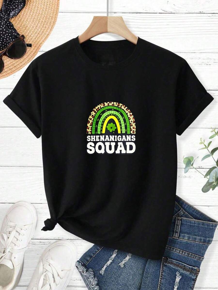 Men's T-Shirt, Women's T-Shirt, St Patrick's Day Themed Designs Featuring, Rainbow Pattern With Leopard Print And Green Shamrock Centered Above Text Shenanigans Squad In Bold White Letters On Black T Shirt Comfortable And Versatile Outdoor Casual Short Sleeve - Negro - Ver 1