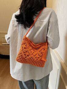 1 pezzo Nuova borsa a spalla intrecciata da donna per l'estate, borsa sotto braccio in maglia di grande capacità, borsa a tracolla versatile da spiaggia, borsa a tracolla da spiaggia alla moda per le vacanze - Arancione - Visualizzare 3