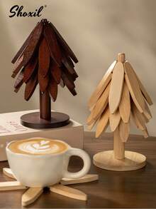 shoxil 3/5pcs Wooden Tree-Shaped Heat Insulation Coasters Set, Heat Resistant Tabletop Mats, Kitchen & Dining Room Cup Mats, Home Decor - Cup Holder - View 2