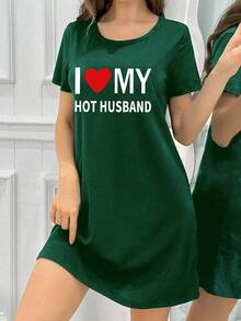 Comfortable "I Love My Handsome Husband" Slogan Print Short Sleeve Round Neck Polyester Blend Knit Sleepwear - A T-Shirt Style Sleepwear That Is Suitable For All Seasons, Making It An Ideal Choice For Relaxation At Home. This T-Shirt Dress Is Suitable For All Seasons And Is The Perfect Choice For Enjoying A Wonderful Night. - Green - View 3