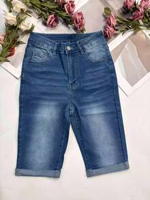 Women's Casual Distressed Elastic Denim Shorts, Suitable For Commuting And Daily Wear, Spring/Summer - Blue - View 4