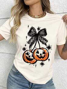 2026 New Arrival Women's T-Shirt, Premium Cotton Crew Neck Short Sleeve Halloween Nightmare Before Christmas Casual Pumpkin & Bow Lace Print Round Neck Short Sleeve T-Shirt For Women Perfect For Spring & Autumn, Spring Break, Summer Beach Vacation & Back To School - Light Apricot - View 7