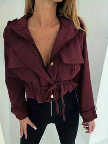 Women's Autumn/Winter Hot-Selling Fashion Casual Commute Corduroy Fabric Zipper Front Button Waist Tie Jacket - Burgundy - View 3