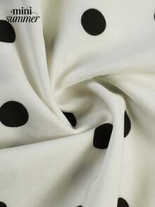 Women's White & Black Polka Dot Square Collar Lace Trim Bow Midi Dress - Elegant Casual Everyday Wear - White - View 9