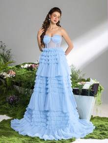 Faeriesty Elegant Strapless Evening Dress: Layered Ruffle Dress, Sheer Tie Back, Voluminous Tulle Skirt, Embellished Bodice, Suitable For Wedding Ceremony, Bridal Photography, Outdoor Romantic Portraits, Formal Occasions, Garden Celebrations Party Spring - Blue - View 3