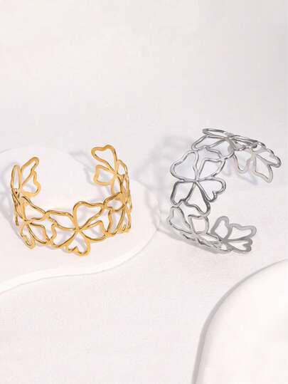 1 pieza Elegante brazalete abierto de acero inoxidable con flor hueca para mujer, con electrochapado al vacío que no se desvanece, adecuado como regalo de cumpleaños o para atuendo de fiesta