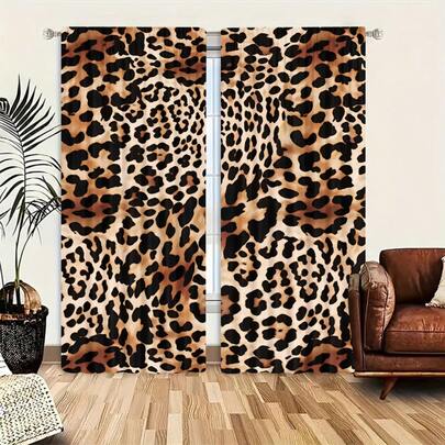 两片装时尚豹纹薄纱窗帘，适用于客厅和卧室 - 易于打理，用途广泛，轻盈的涤纶面料，带杆袋，适合客厅和卧室，半透明，四季皆宜