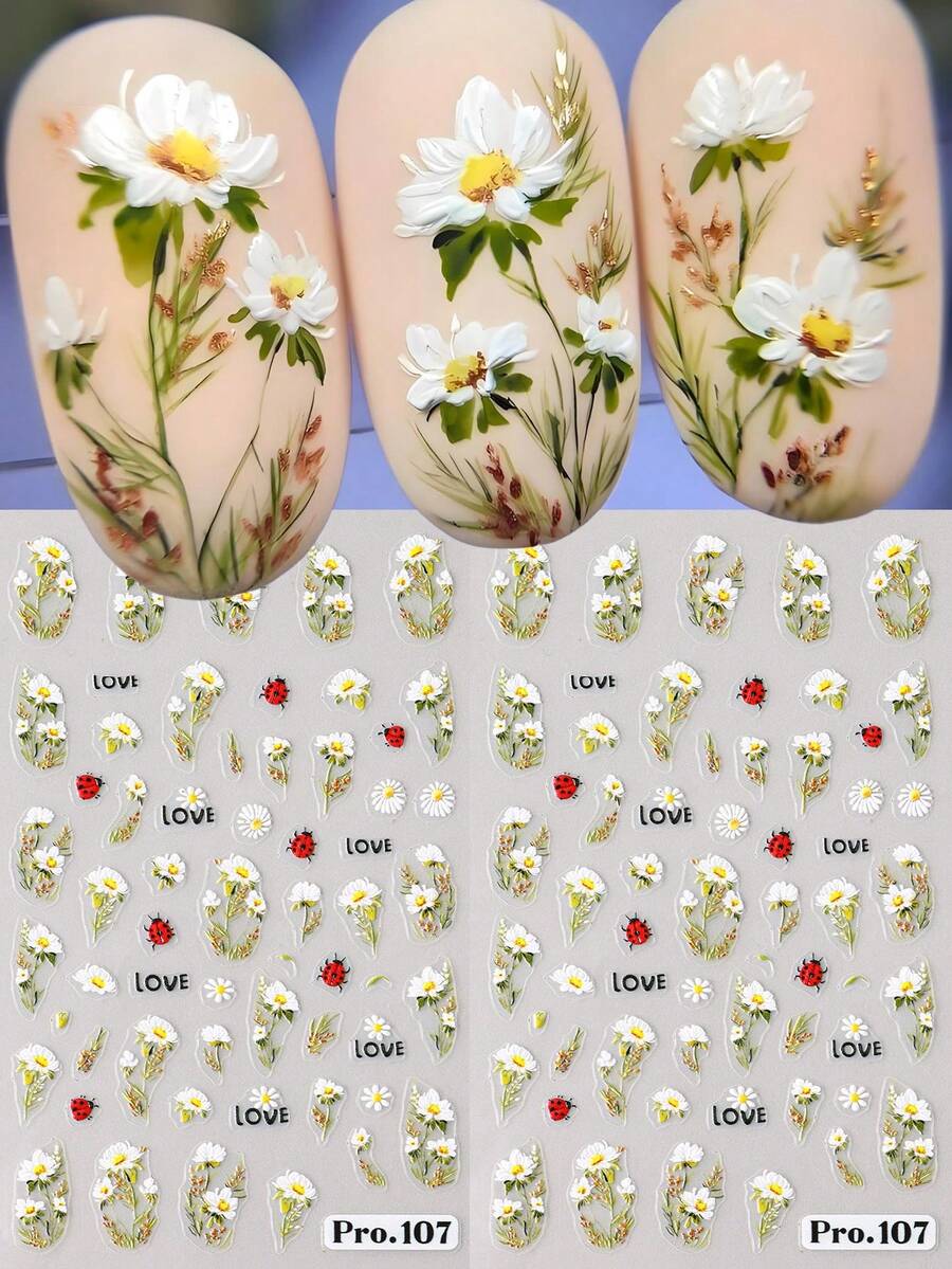 2 Sheets Cute Ladybug & Daisy Flower Nail Art Stickers, Cartoon Insect & Floral Nail Decals For Spring/Summer, Wedding, DIY Nail Decoration, Party