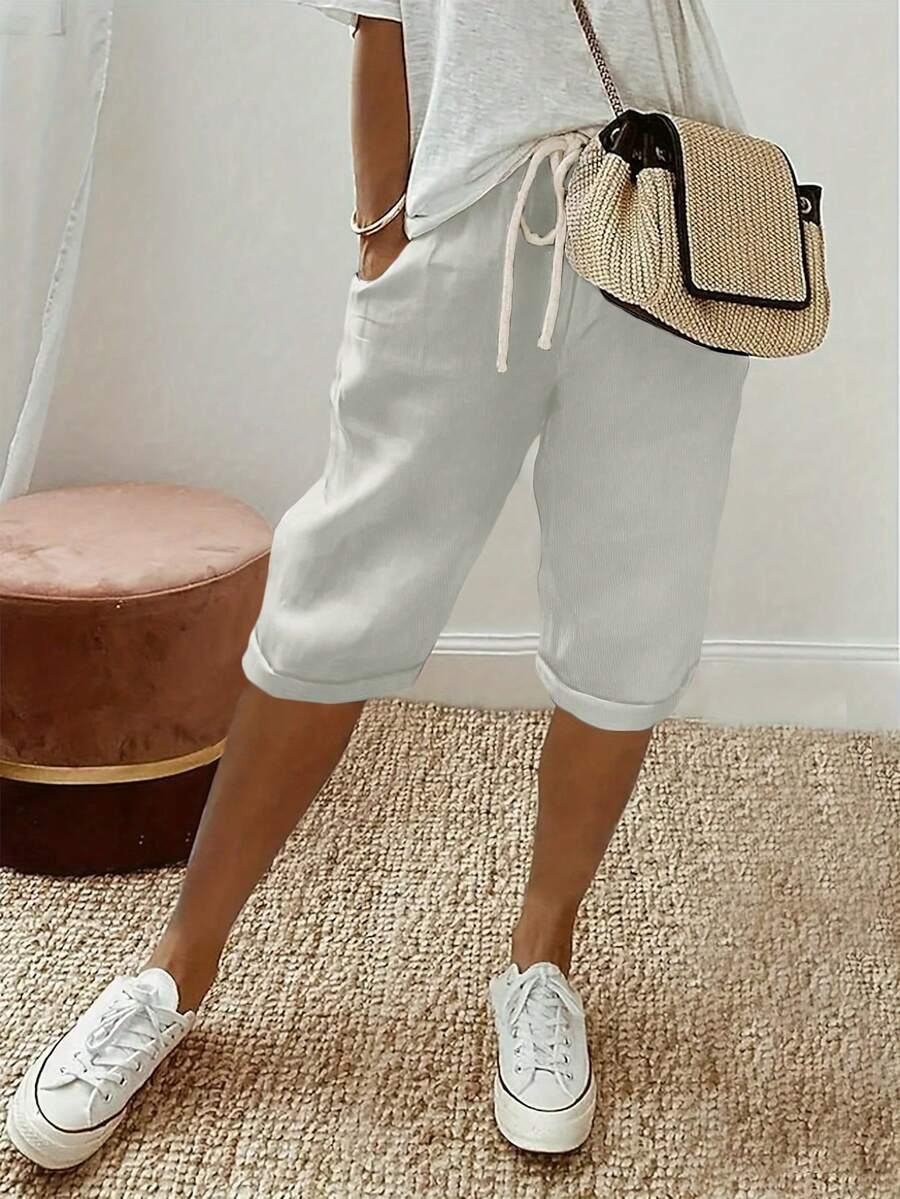 Women's Solid Color Drawstring Waist Pocket Casual Bermuda Shorts Summer - Grey - View 1