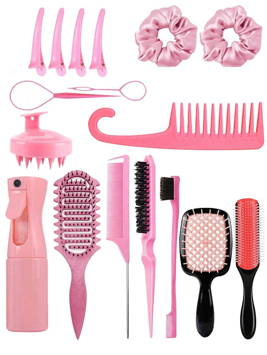17pcs Hair Styling Tool Set, Includes High Pressure Spray Bottle, Sleep Cap, Curling Brush Set, 9-Row Comb, Wide-Tooth Comb, Double-Sided Comb, Styling Comb, Pointed Tail Comb, Rat-Tail Comb, Edge Brush, Massage Brush - Multicolor - View 1