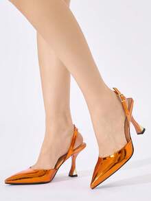 女士尖头踝带高跟鞋，简约时尚派对舒适休闲户外日常通勤鞋，橙色PU皮 - 亮橙色 - 查看 4