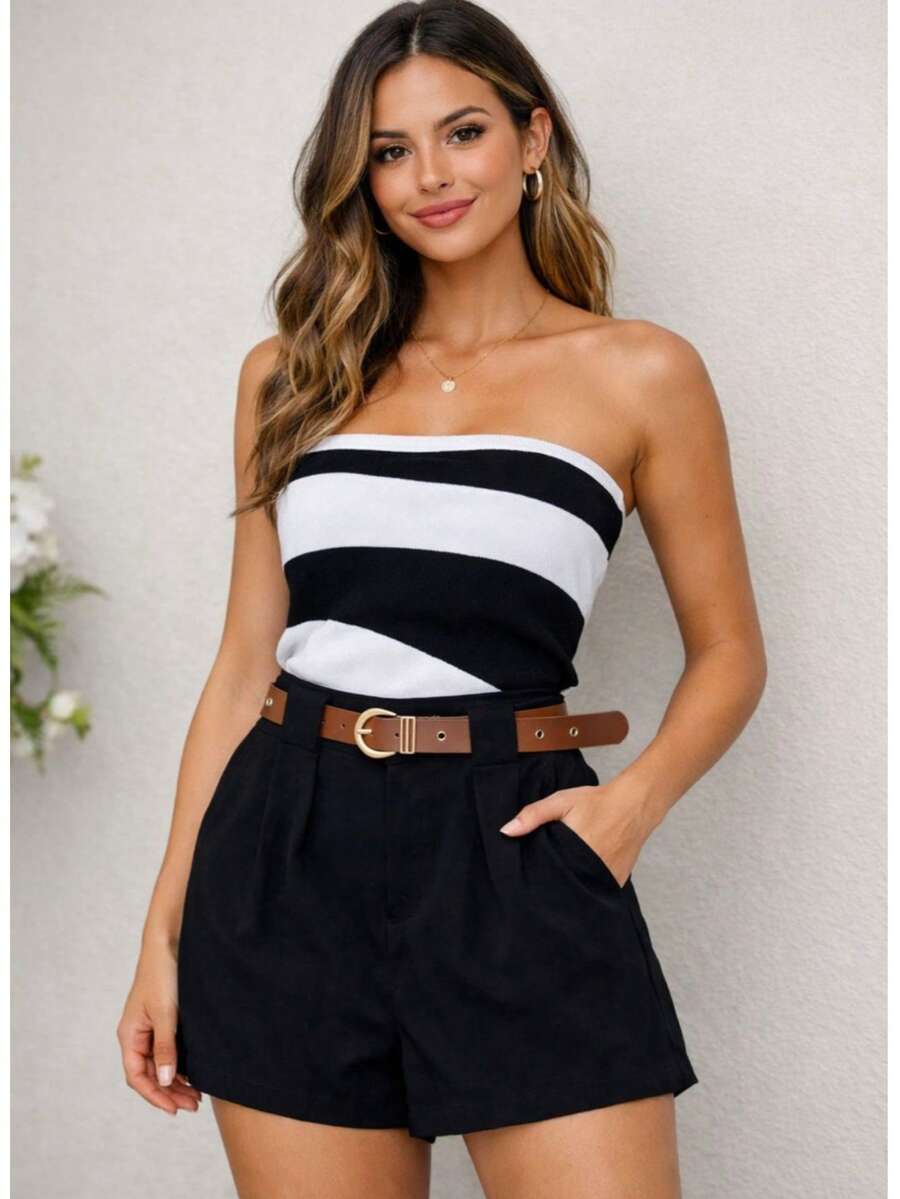 Fany Set With Tailored Shorts + Super Elegant Strapless Bodysuit - Black - View 1