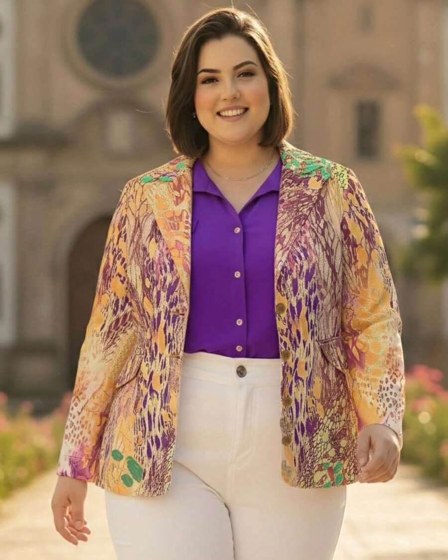 Plus Size Printed Blazer - 黃色 - 查看 1