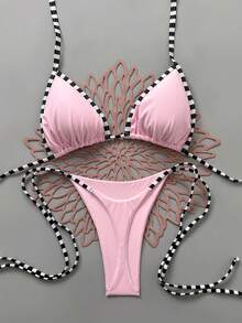 Conjunto de bikini de vacaciones de verano para mujer con rayas, escote halter y lazos, color rosa - Rosa - Ver 2