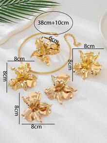 1 Set de Pendientes Retro Europeos y Americanos Exagerados con Flores 3D Asimétricas y Brillantes, Regalo para Mujeres, Adecuado para Vacaciones y Banquetes - Dorado - Ver 4