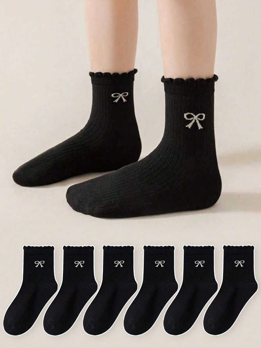 3 Pairs Kids Socks With Black Lace Bow Design, Girls Toddler Versatile Mid-Calf Socks, Suitable For Daily Wear All Seasons - Multicolor - View 1