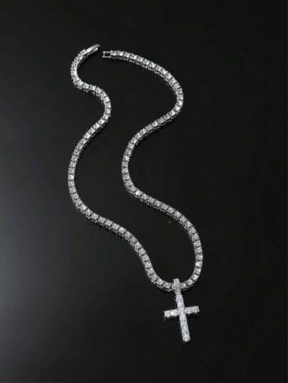 Men Fashion Punk Rhinestone Cross Charm Necklace For Daily Decoration For A Stylish Look