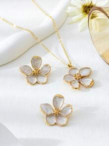1 Set Spring/Summer New Sweet Elegant White Enamel Asymmetrical Five-Petal Flower Pendant Necklace & Matching Earrings Jewelry Set For Women - White - View 4