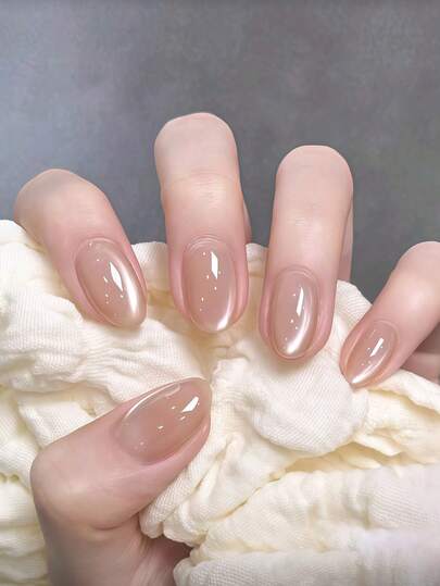 Instantly Upgrade Your Look! This 10pcs Short Oval Nude Crystal Cat Eye Nail Stickers Perfectly Fit. The Set Includes 1pc Jelly Gel And 1pc Nail File, Suitable For Ladies And Girls For Daily Work, Study And Party Use. Jelly Gel Is Randomly Shipped.