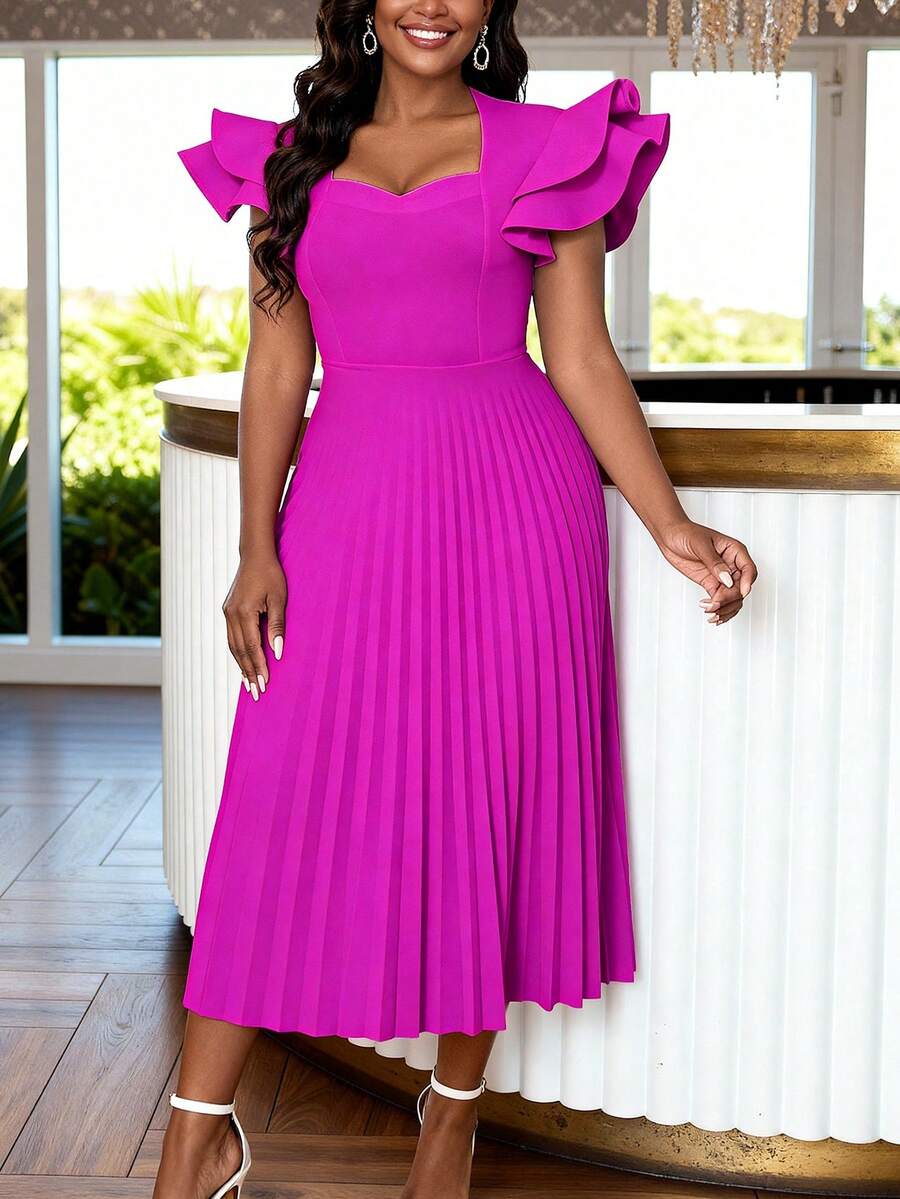 AOMEI Women's Elegant Purple-Red Pleated A-Line Dress, Heart-Shaped Neckline, Layered Ruffle Sleeves, Mid-Length, Suitable For Wedding Guests, Parties, Formal Events
